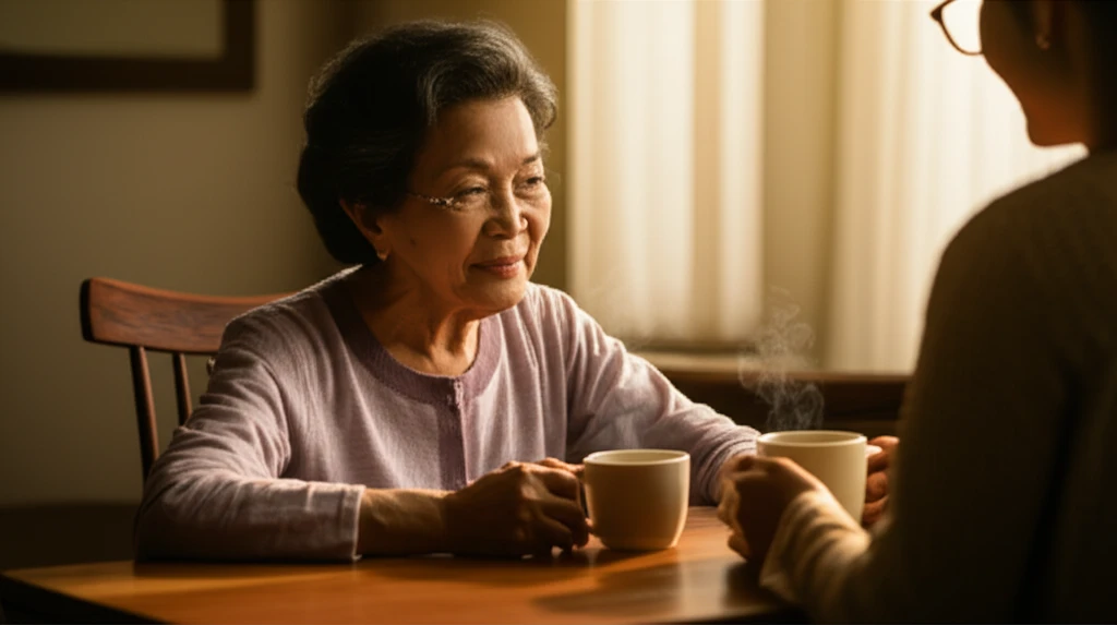 가족과 함께 차를 마시며 대화하는 평화로운 모습